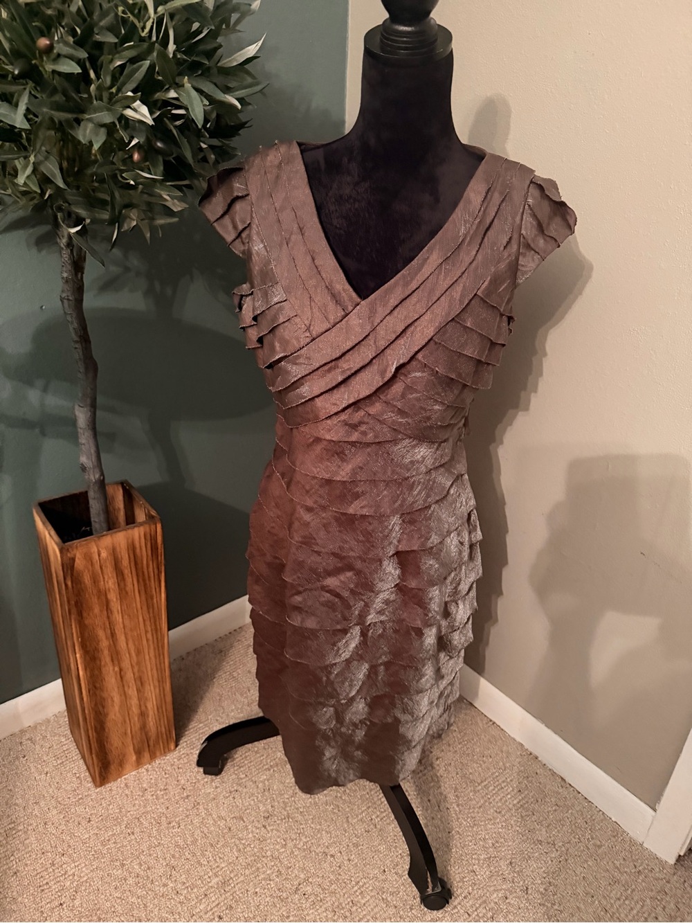 Mother of the bride Brown Layered Satin Midi Dress.